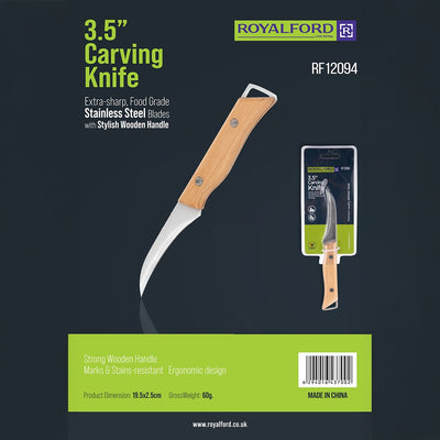 Royalford RF12094 3.5” carving knife| sharp stainless steel blade & durable wooden handle offers precise cutting| ergonomic grip, stain resistance for daily kitchen use|