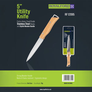 Royalford RF12095 5” Utility Knife| sharp stainless steel blade and sturdy wooden handle| for precise cutting, peeling, and slicing with comfort, durability, and control|