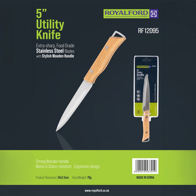 Royalford RF12095 5” Utility Knife| sharp stainless steel blade and sturdy wooden handle| for precise cutting, peeling, and slicing with comfort, durability, and control|