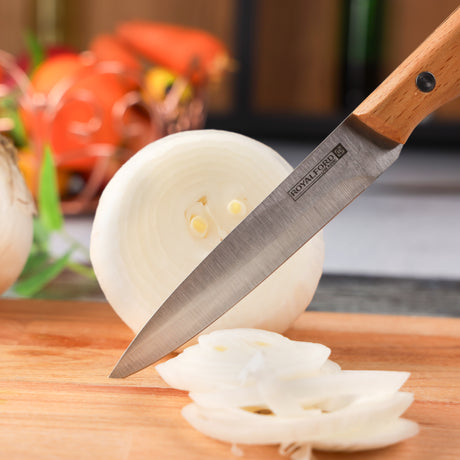 Royalford RF12095 5” Utility Knife| sharp stainless steel blade and sturdy wooden handle| for precise cutting, peeling, and slicing with comfort, durability, and control|