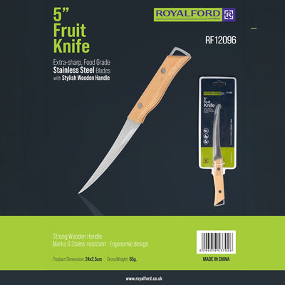 Royalford RF12096 5” fruit knife| extra-sharp stainless steel blade and wooden handle| durable, stain-resistant, perfect for precise cutting, peeling, and slicing tasks|