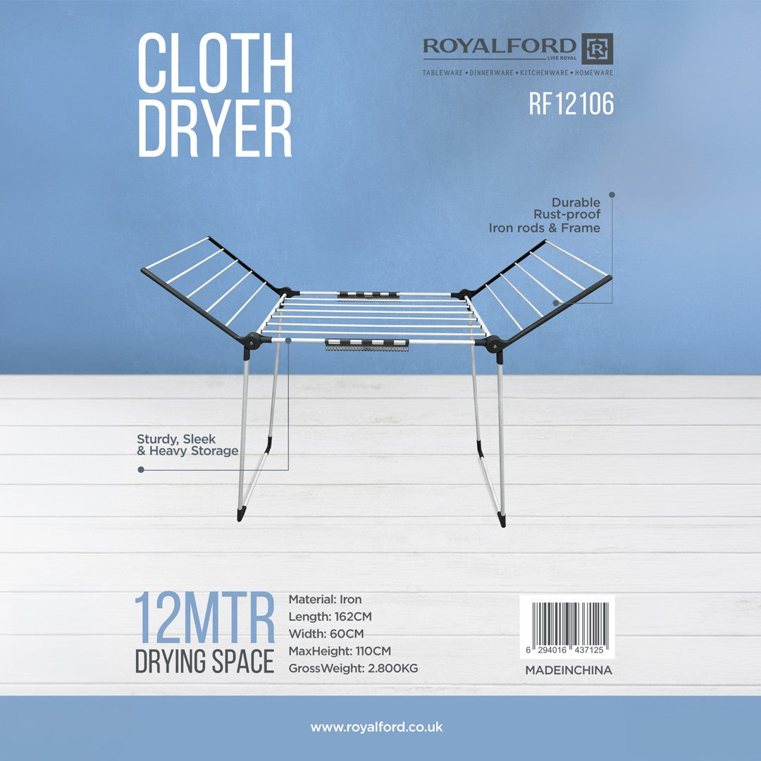 Royalford RF12106 Cloth Dryer | 12 Meter Drying Space| Foldable Iron Clothes Drying Stand | Rust Proof Rods | Heavy Duty Clothes Drying Stand  for Indoor & Outdoor Use