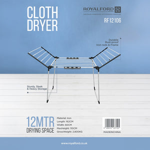 Royalford RF12106 Cloth Dryer | 12 Meter Drying Space| Foldable Iron Clothes Drying Stand | Rust Proof Rods | Heavy Duty Clothes Drying Stand  for Indoor & Outdoor Use