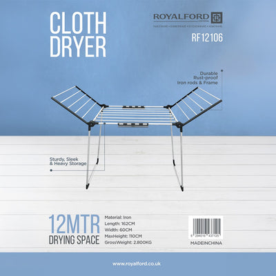 Royalford RF12106 Cloth Dryer | 12 Meter Drying Space| Foldable Iron Clothes Drying Stand | Rust Proof Rods | Heavy Duty Clothes Drying Stand  for Indoor & Outdoor Use