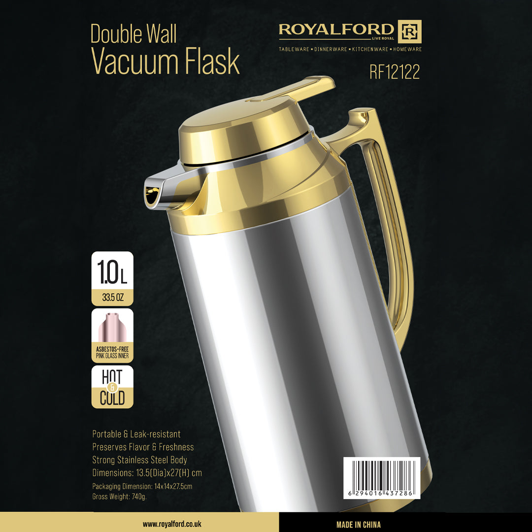 Royalford RF12122 Double Wall Vacuum Flask 1L | Stainless Steel Hot & Cold Thermal Flask | Asbestos Free Pink Glass Inner| Leak Resistant Design| Ergonomic Handle Grip