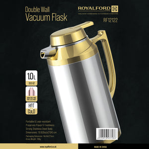 Royalford RF12122 Double Wall Vacuum Flask 1L | Stainless Steel Hot & Cold Thermal Flask | Asbestos Free Pink Glass Inner| Leak Resistant Design| Ergonomic Handle Grip