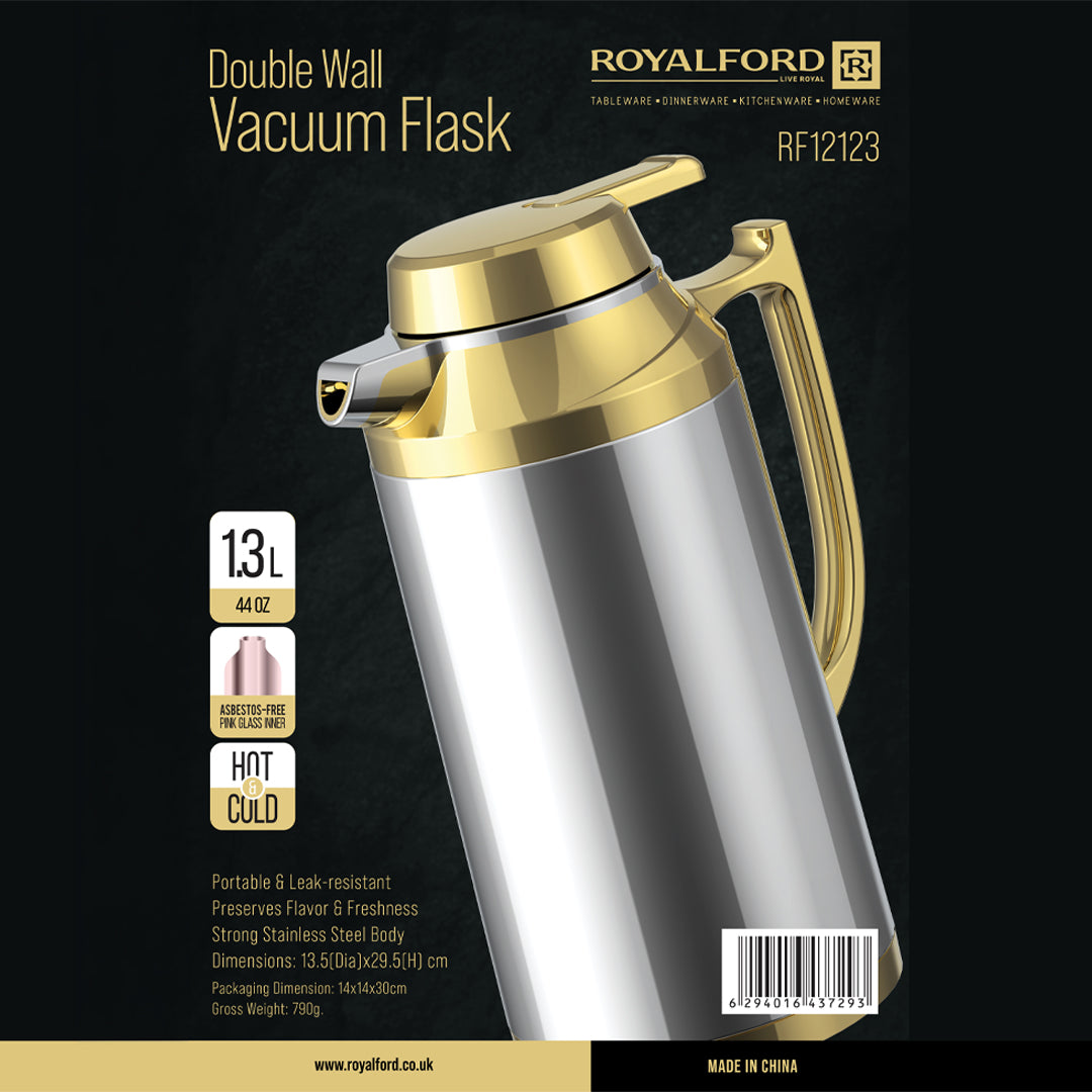 Royalford  Double Wall Vacuum Flask RF12123 | 1.3L Capacity | Stainless Steel Hot & Cold Thermal Flask | Long-Lasting Temperature Retention | Leak-Proof| Stylish Design