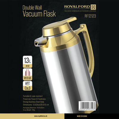 Royalford  Double Wall Vacuum Flask RF12123 | 1.3L Capacity | Stainless Steel Hot & Cold Thermal Flask | Long-Lasting Temperature Retention | Leak-Proof| Stylish Design