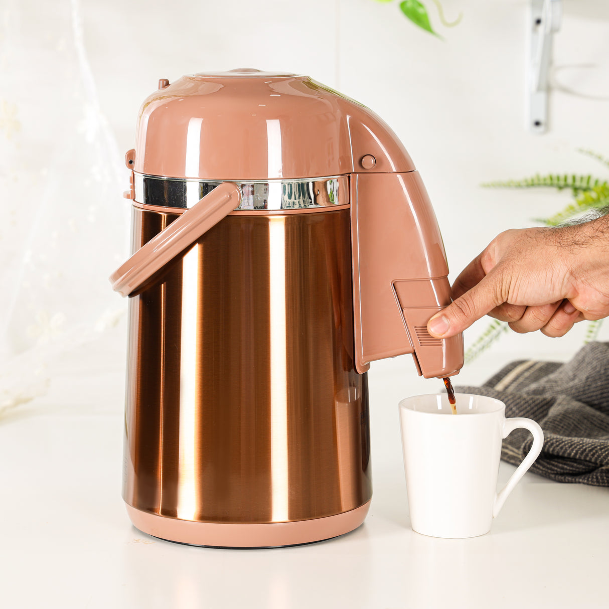 Royalford 2.50 L Thermic Airpot Flask with Double Wall Vacuum Insulation- RF12132/ 360-Degree Rotating Base, Asbestos-Free Glass Inner, Brown