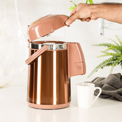 Royalford 2.50 L Thermic Airpot Flask with Double Wall Vacuum Insulation- RF12132/ 360-Degree Rotating Base, Asbestos-Free Glass Inner, Brown