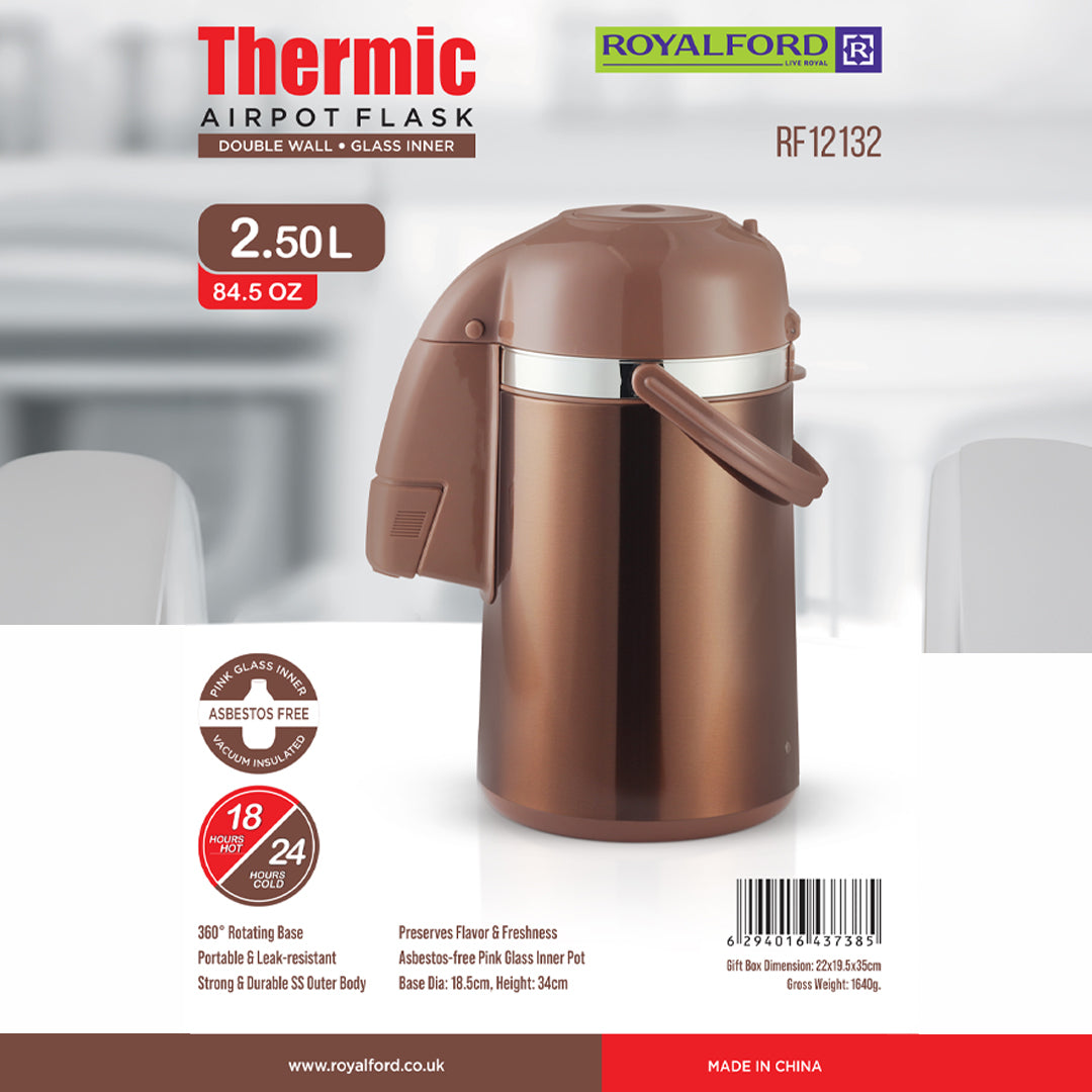 Royalford RF12132 Thermic Airpot Flask | 2.5 L Capacity | Double Wall with Glass Inner Lining | Keeps Beverages Hot & Cold for Long Hours | Easy to Use| Elegant Design