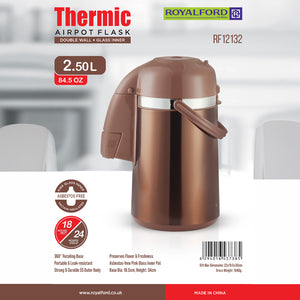 Royalford RF12132 Thermic Airpot Flask | 2.5 L Capacity | Double Wall with Glass Inner Lining | Keeps Beverages Hot & Cold for Long Hours | Easy to Use| Elegant Design