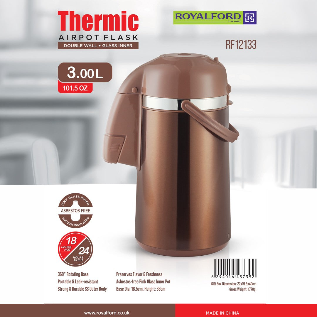 Royalford RF12133 Thermic Airpot Flask | 3.0L |Double Wall Vacuum Insulated Stainless Steel Air Pot | Pink Glass Inner | 360 Rotating Base | Long Heat Retention for Home