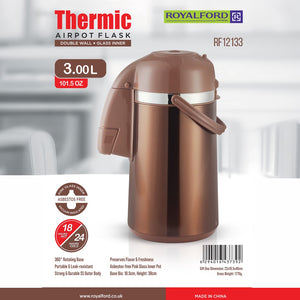 Royalford RF12133 Thermic Airpot Flask | 3.0L |Double Wall Vacuum Insulated Stainless Steel Air Pot | Pink Glass Inner | 360 Rotating Base | Long Heat Retention for Home