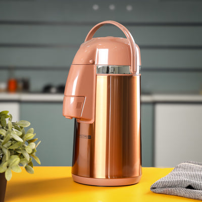 Royalford RF12133 Thermic Airpot Flask | 3.0L |Double Wall Vacuum Insulated Stainless Steel Air Pot | Pink Glass Inner | 360 Rotating Base | Long Heat Retention for Home