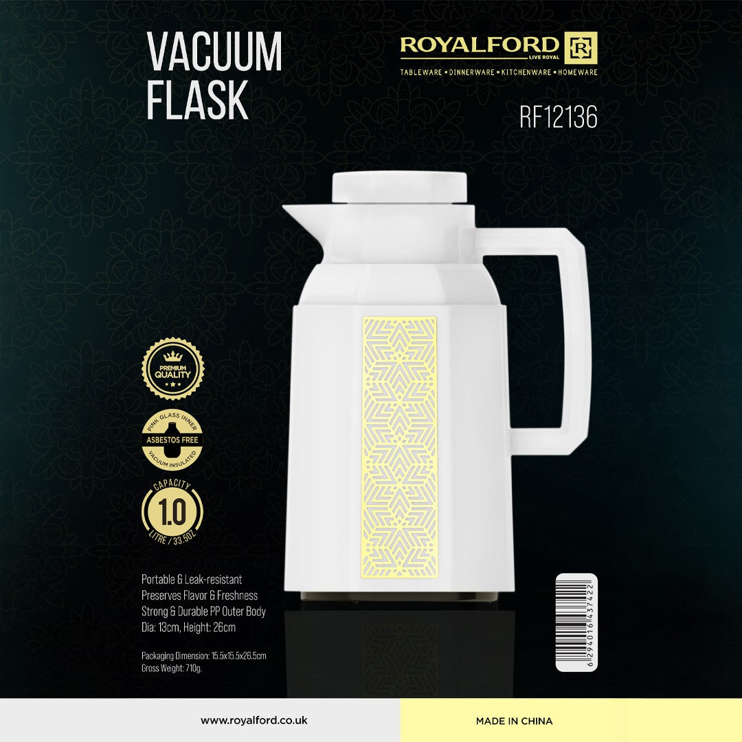 Royalford RF12136 Vacuum Flask | 1.0L | Durable Plastic Body | Hot & Cold Thermos | Asbestos Free| Pink Glass Inner | Leak Resistant Design for Home, Office & Travel Use