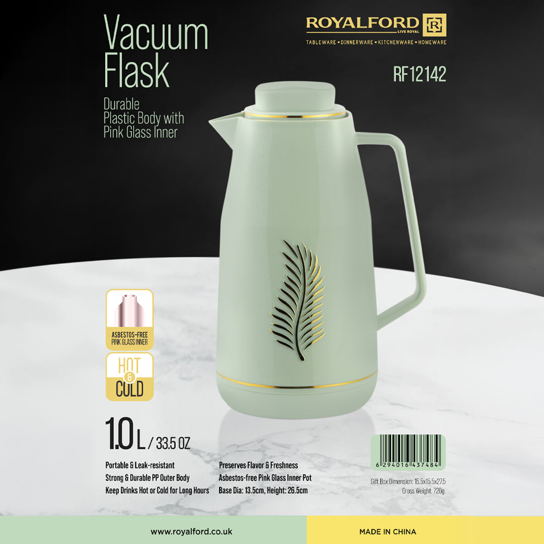 Royalford RF12142 Vacuum Flask | 1.0L | Durable Plastic Body | Hot and Cold Thermos | Asbestos Free| Pink Glass Inner| Leak Resistant| Suitable  for Home & Office Use
