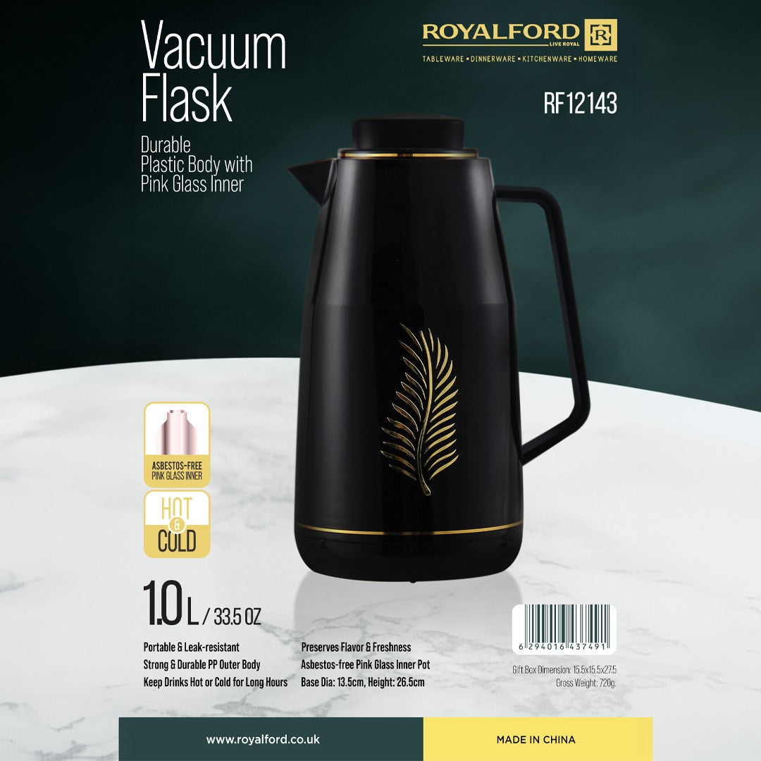 Royalford RF12143 Vacuum Flask | 1.0L | Durable Plastic Body | Hot & Cold Thermos | Asbestos Free|  Pink Glass Inner| Leak Resistant | Perfect for Home Office Travel