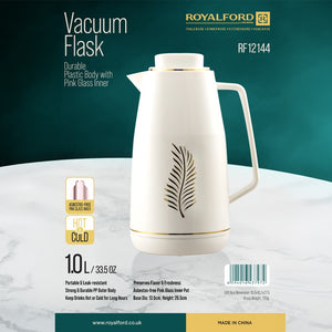 Royalford RF12144 Vacuum Flask |1.0L | Durable Plastic Body Hot Cold Thermos | Asbestos Free | Pink Glass Inner| Leak Resistant| Portable Design for Home Office Use Daily