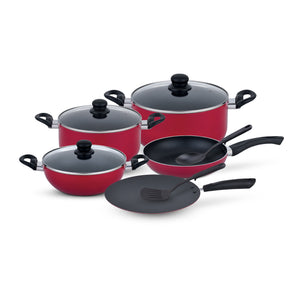 Royalford RF12146 10-Piece Non-Stick Cookware Set | Aluminium Pots, Pans & Tawa with Tempered Glass Lids | Bakelite Handles | Perfect for Efficient Daily Cooking