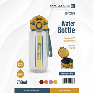 Royalford RF12160 Water Bottle 700ML |BPA Free Sports Bottle with Straw Sipper | Flip Lid Leak Proof Drinking Bottle with Carry Strap for Gym, School, Office & Travel Use