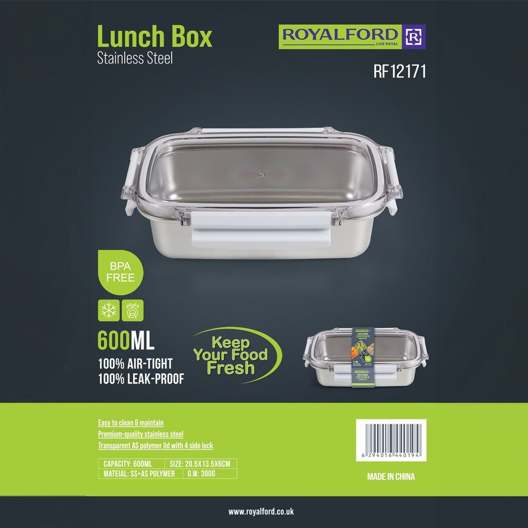 Royalford RF12171 600ML Stainless Steel Lunch Box | BPA Free Lid | 100% Airtight & Leak-Proof Design | Premium Food Grade Container for Office, School & Travel Use