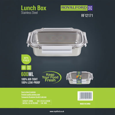 Royalford RF12171 600ML Stainless Steel Lunch Box | BPA Free Lid | 100% Airtight & Leak-Proof Design | Premium Food Grade Container for Office, School & Travel Use