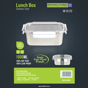 Royalford RF12172 1000ml Stainless Steel Lunch Box | BPA Free Lid | 100% Airtight & Leak-Proof Food Container | 4 Side Lock Clips  | Durable and  Hygienic Design