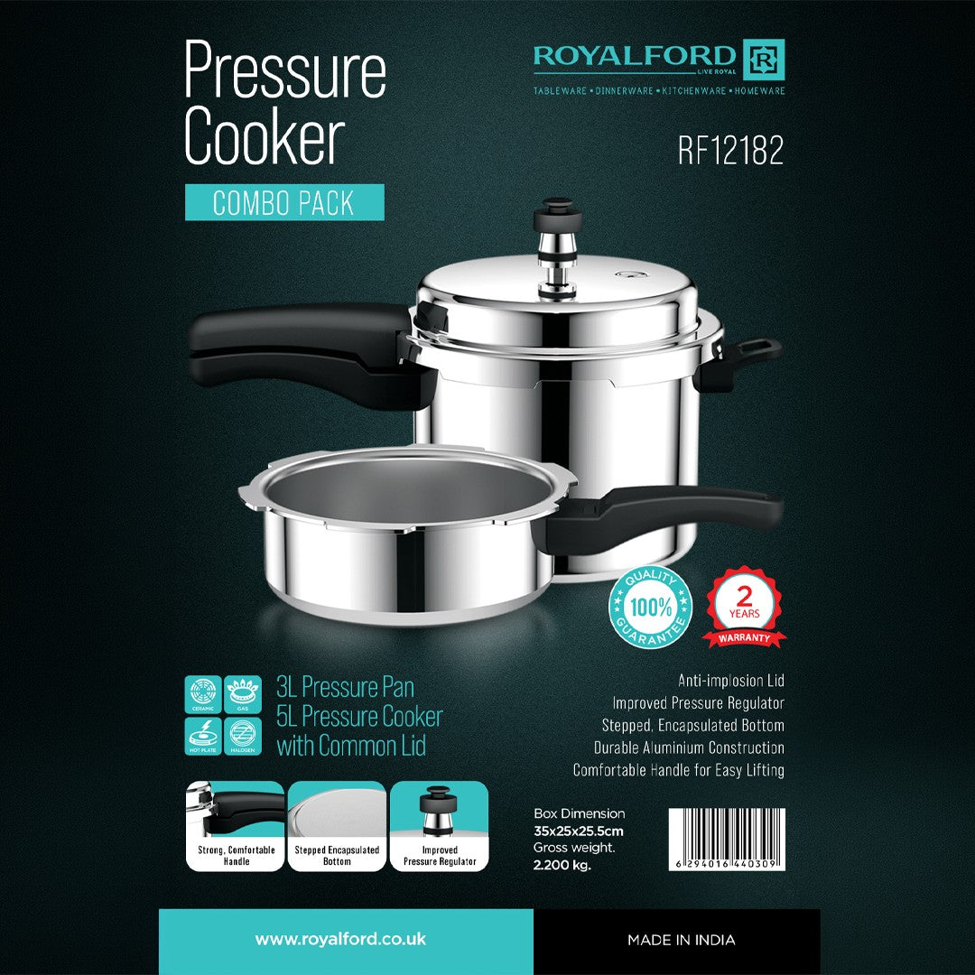 Royalford RF12182 Pressure Cooker Combo Pack | 5L Cooker + 3L Pan with Common Lid| Anti-Implosion Safety System| Stepped Encapsulated Bottom| Perfect For Daily Family Use