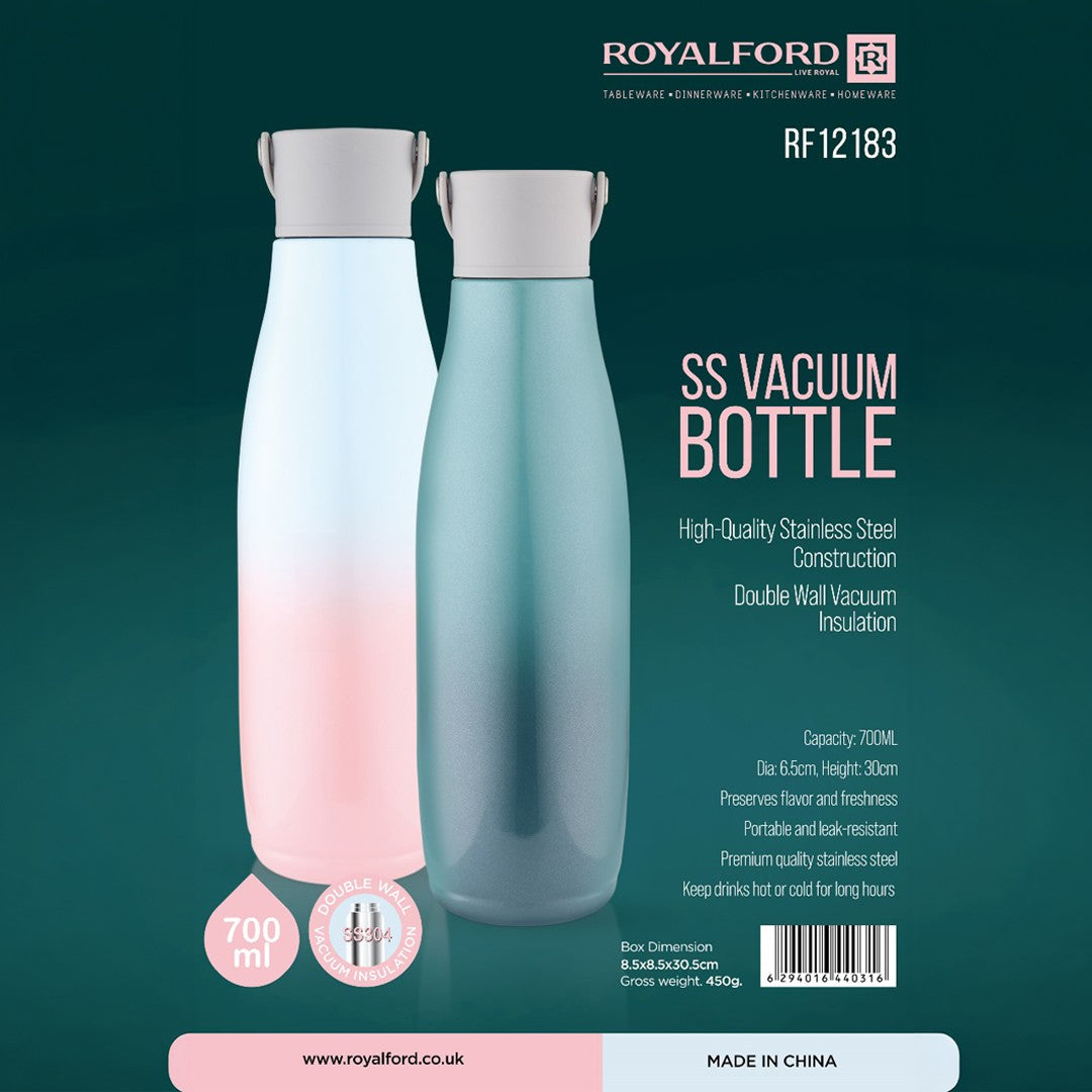 Royalford RF12183 700ml SS304 Stainless Steel Vacuum Bottle | Double Wall Insulated Leak Resistant Flask | Hot and Cold Water Bottle | Durable Travel Drink Bottle