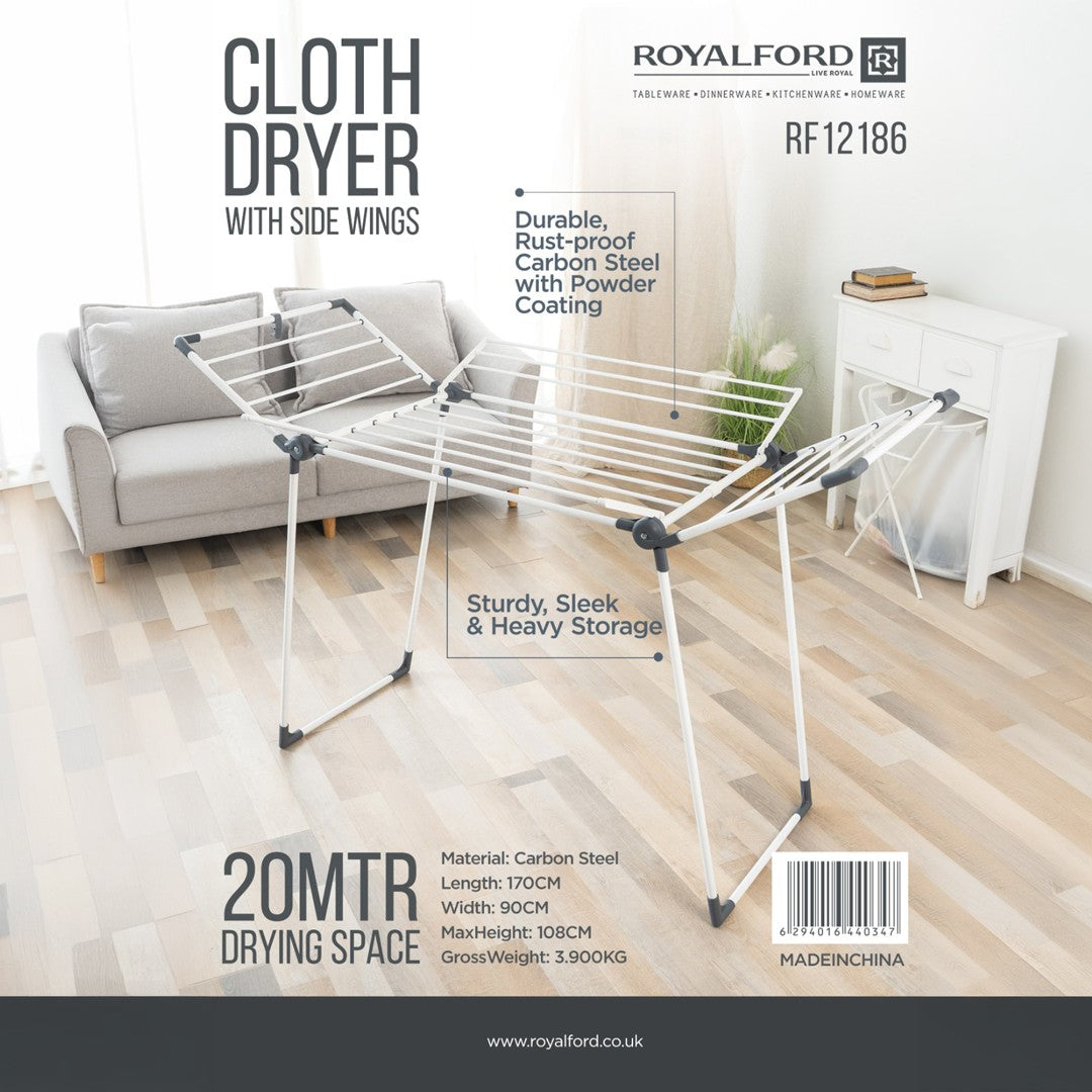 Royalford RF12186 Foldable Cloth Dryer with Side Wings | 20M Drying Space | Carbon Steel Rust-Proof Laundry Drying Rack for Indoor Home Use and  Daily Laundry Needs