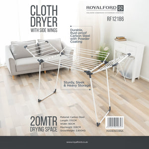 Royalford RF12186 Foldable Cloth Dryer with Side Wings | 20M Drying Space | Carbon Steel Rust-Proof Laundry Drying Rack for Indoor Home Use and  Daily Laundry Needs