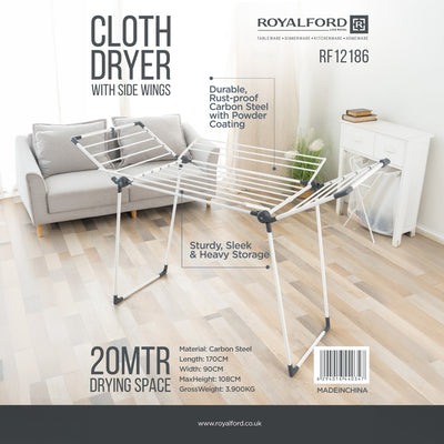 Royalford RF12186 Foldable Cloth Dryer with Side Wings | 20M Drying Space | Carbon Steel Rust-Proof Laundry Drying Rack for Indoor Home Use and  Daily Laundry Needs
