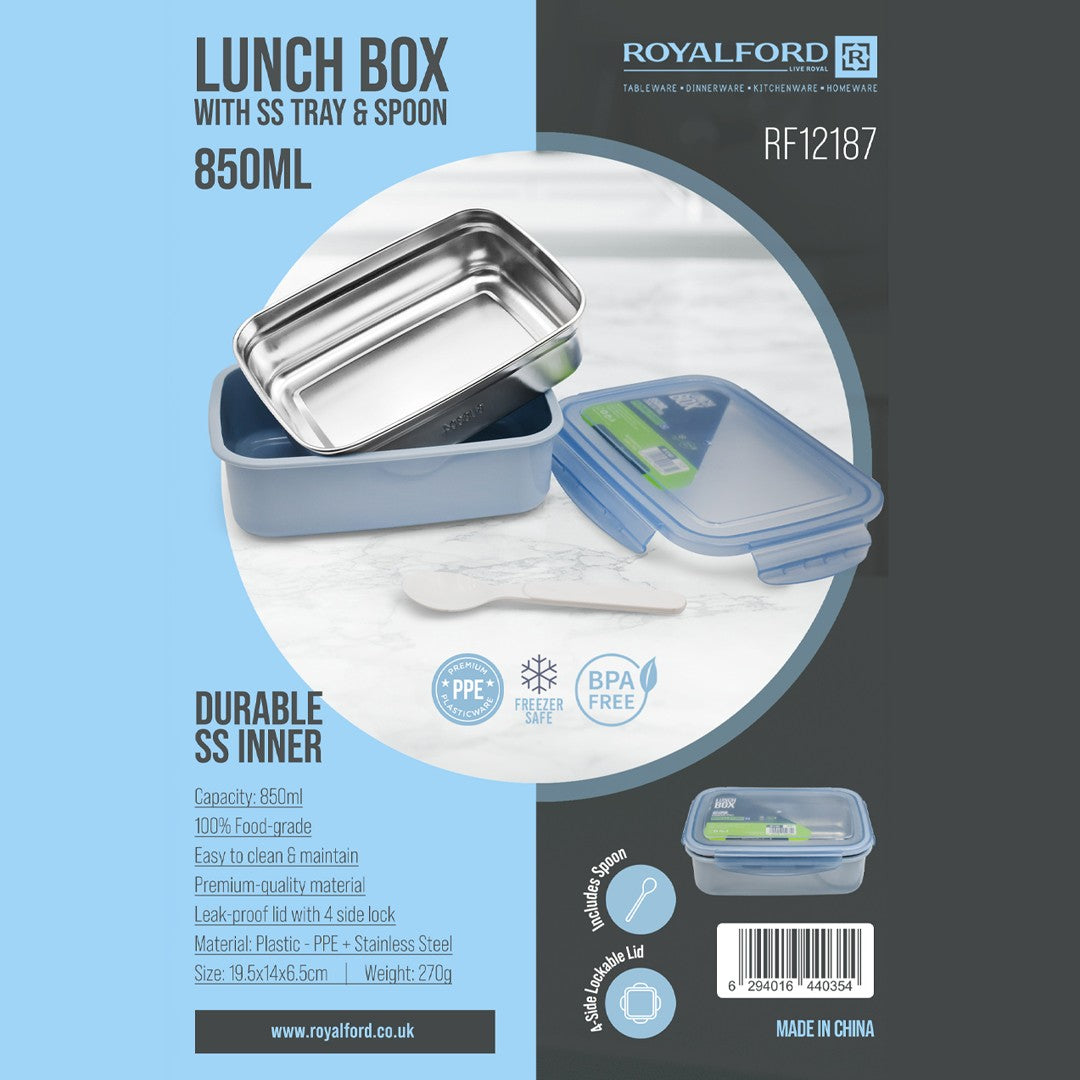 Royalford RF12187 850ML Lunch Box with Stainless Steel Tray and Spoon | BPA Free Leak-Proof Food Container | 4-Side Lock Lid | Freezer Safe | Durable PPE Outer Body