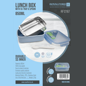 Royalford RF12187 850ML Lunch Box with Stainless Steel Tray and Spoon | BPA Free Leak-Proof Food Container | 4-Side Lock Lid | Freezer Safe | Durable PPE Outer Body