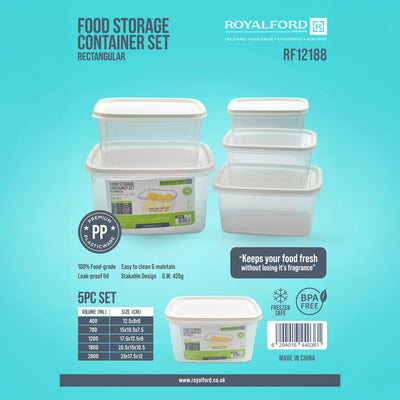 Royalford RF12188 5PCS BPA-Free Rectangular Food Storage Container Set |  Leakproof Lids | Fresh Food Storage and  Freezer Safe Kitchen Storage Boxes for Meal Prep