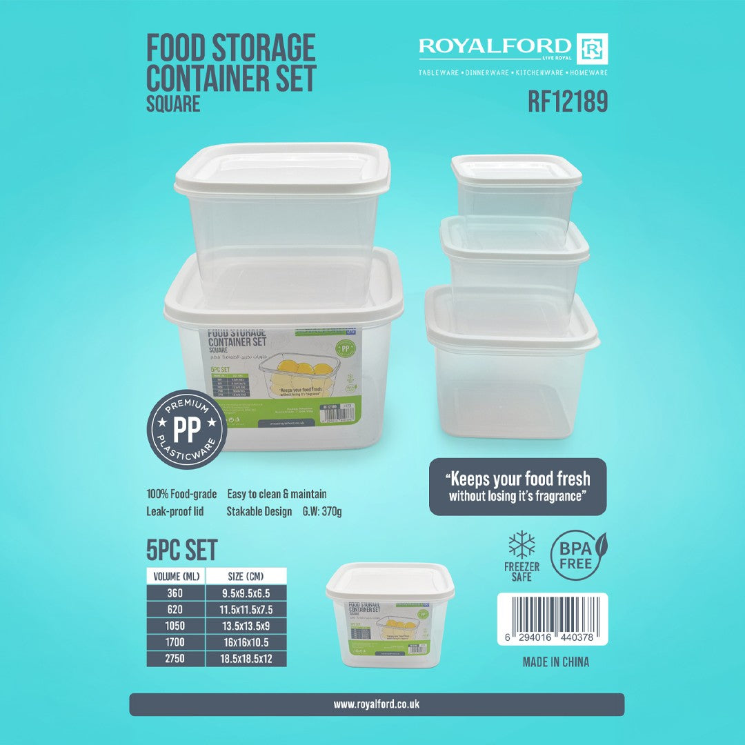 Royalford RF12189 Square Food Storage Container Set 5PCS | BPA Free Leakproof Food Storage Boxes with Lids | Freezer Safe Stackable Plastic Kitchen  Storage Containers
