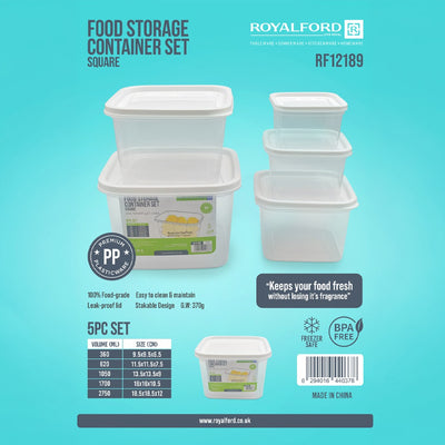 Royalford RF12189 Square Food Storage Container Set 5PCS | BPA Free Leakproof Food Storage Boxes with Lids | Freezer Safe Stackable Plastic Kitchen  Storage Containers