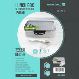 Royalford RF12191 Lunch Box 1600ml| Spoon & Holder 3 Compartment Leak Proof BPA Free Food Grade| PPE Freezer Safe Durable Food Storage Container for Office School Travel|