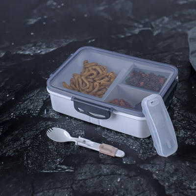 Royalford RF12191 Lunch Box 1600ml| Spoon & Holder 3 Compartment Leak Proof BPA Free Food Grade| PPE Freezer Safe Durable Food Storage Container for Office School Travel|