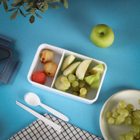 Royalford RF12192 Rectangular Lunch Box 1100ML|  2 compartments & leak-proof 4-side lock lid| BPA-free PPE material, freezer safe design & cutlery for convenient meals|