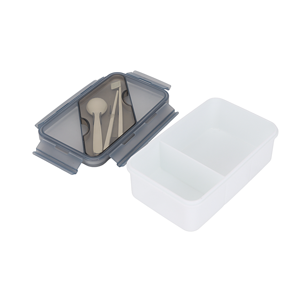 Royalford RF12192 Rectangular Lunch Box 1100ML|  2 compartments & leak-proof 4-side lock lid| BPA-free PPE material, freezer safe design & cutlery for convenient meals|