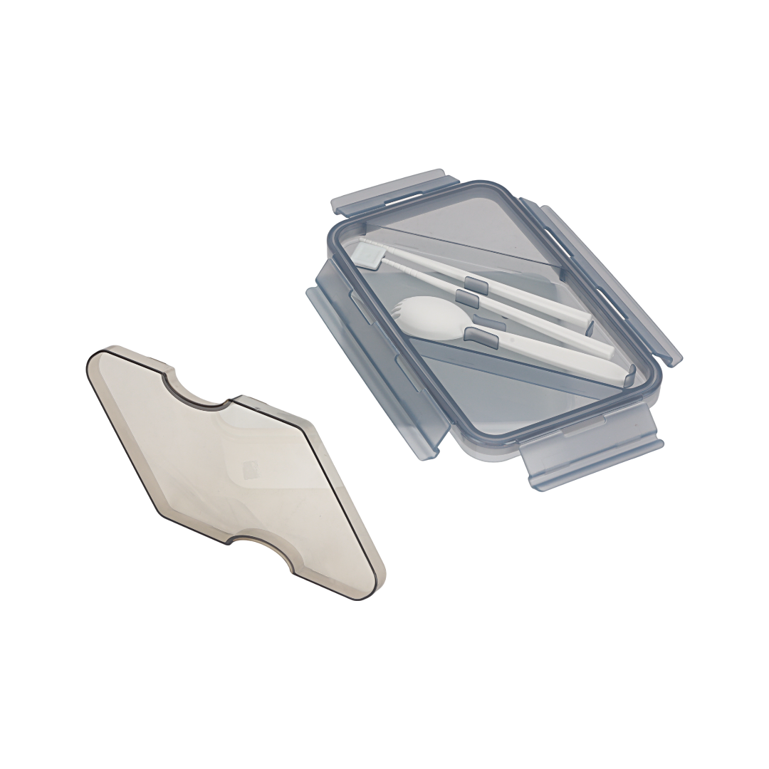 Royalford RF12192 Rectangular Lunch Box 1100ML|  2 compartments & leak-proof 4-side lock lid| BPA-free PPE material, freezer safe design & cutlery for convenient meals|