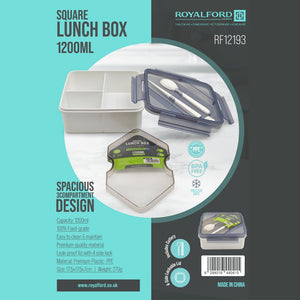 Royalford RF12193 Square Lunch Box 1200ml| Cutlery 3 Compartment Leak Proof BPA Free Food Grade PPE Freezer| Safe Durable Storage Container for Office School Travel Use|