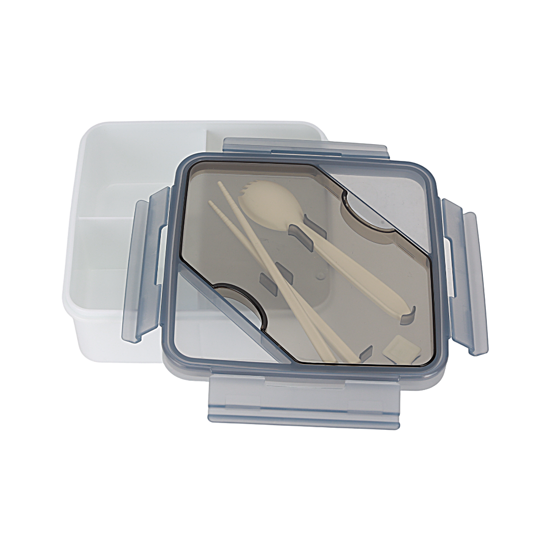Royalford RF12193 Square Lunch Box 1200ml| Cutlery 3 Compartment Leak Proof BPA Free Food Grade PPE Freezer| Safe Durable Storage Container for Office School Travel Use|