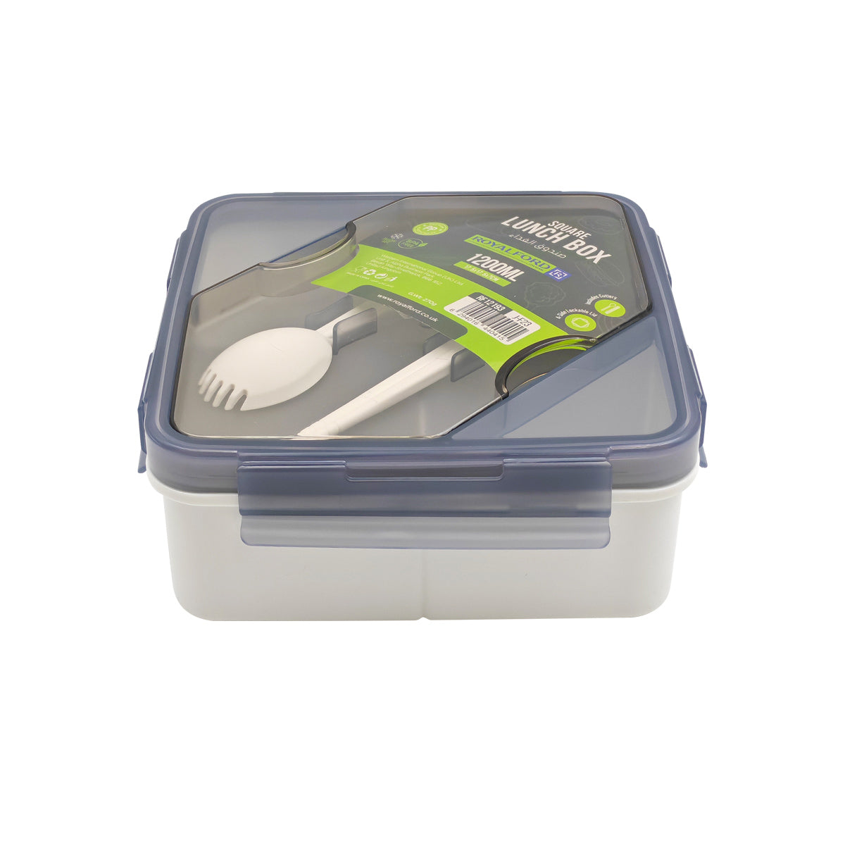 Royalford RF12193 Square Lunch Box 1200ml| Cutlery 3 Compartment Leak Proof BPA Free Food Grade PPE Freezer| Safe Durable Storage Container for Office School Travel Use|