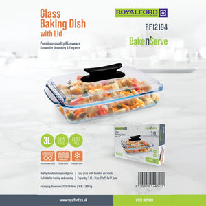 Royalford RF12194 Glass Baking Dish with Lid 3L | Tempered Glass Bake and Serve | Oven Dishwasher & Freezer Safe  | BPA and Lead Free |  Ideal for Baking & Serving