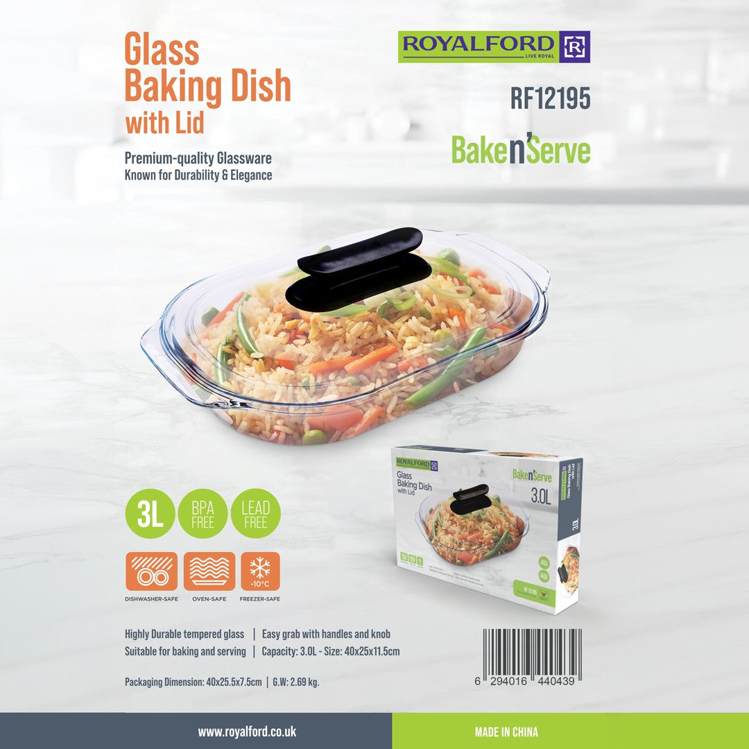 Royalford RF12195 Glass Baking Dish with Lid 3L | Tempered Glass Bake n Serve | Oven Dishwasher & Freezer Safe | BPA & Lead Free |  Ideal for Baking Serving & Storage