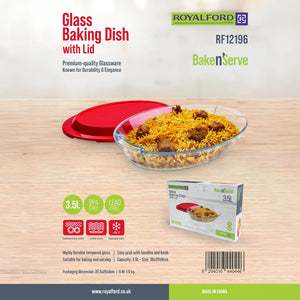 Royalford RF12196 Glass Baking Dish with Lid 3.5L | Tempered Glass Bake n Serve | Oven Dishwasher & Freezer Safe  | BPA & Lead Free | Durable Bakeware for Home Kitchen