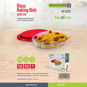 Royalford RF12197 2.2L Glass Baking Dish with Lid | Tempered Oven Safe Casserole | BPA & Lead Free | Dishwasher & Freezer Safe | Bake and Serve Dish with Handles